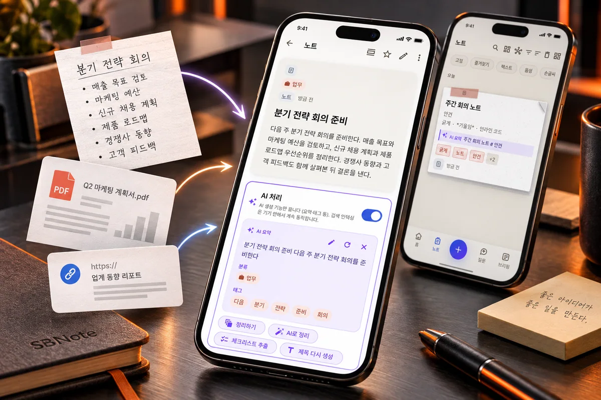 SBNote의 노트와 AI 요약 화면을 보여주는 휴대폰 홍보 이미지